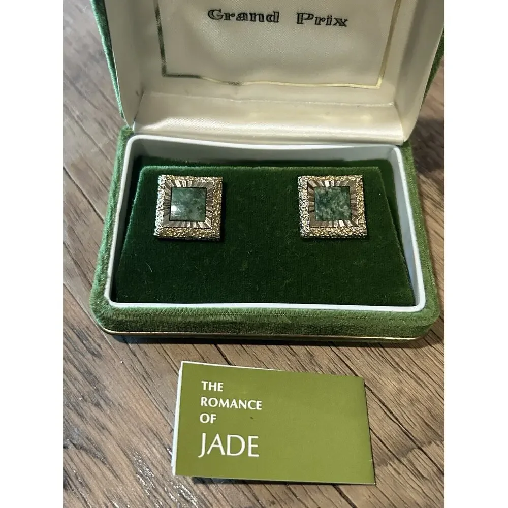Vintage Grand Prix Swank Jade Cufflinks Gold Tone w Box & Romance of Jade